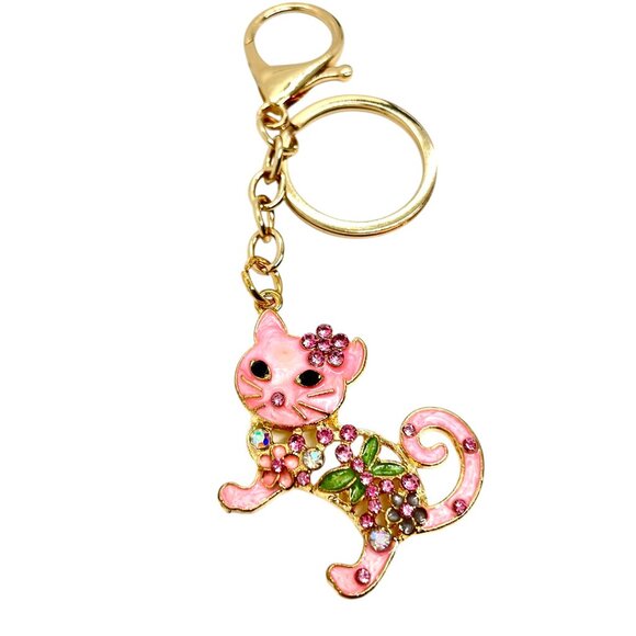 3/$30 CAT KEYCHAIN GOLD TONE ENAMEL RHINESTONE PINK BAG CHARM BOUTIQUE NWT GIFT - Picture 1 of 12